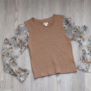 Maeve XL Tan Knit Top with Floral Sheer Puff Sleeves Sweater Vest